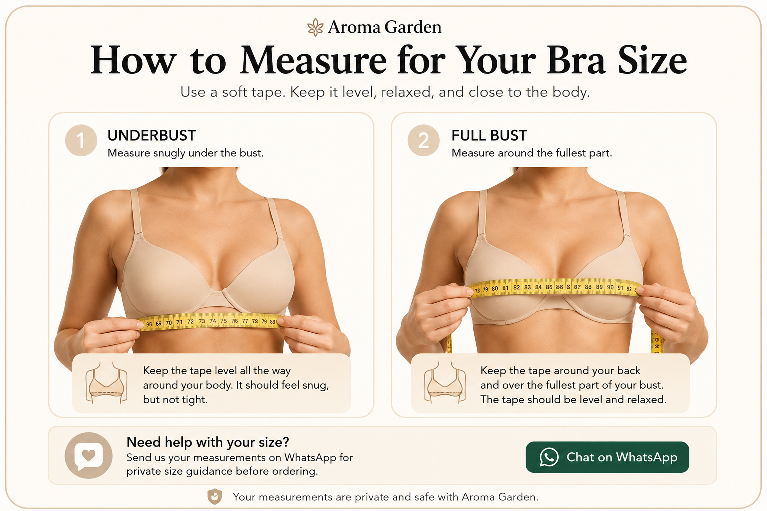 Aroma Garden bra size measurement guide showing underbust and full bust measurement